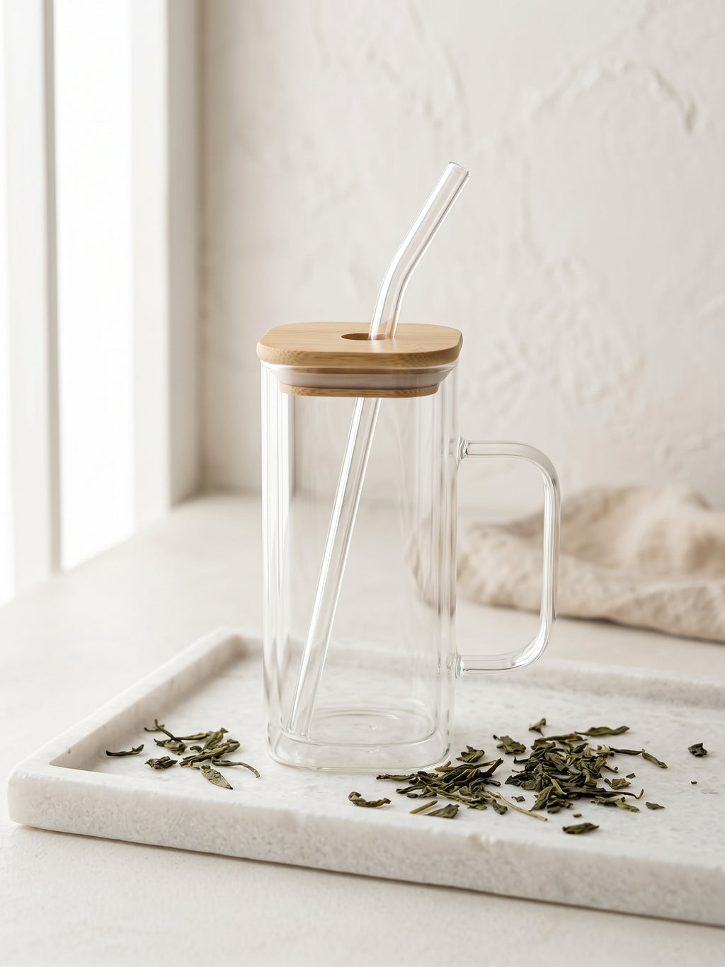 Mug en Verre Double Paroi avec Couvercle Bambou & Paille en Verre