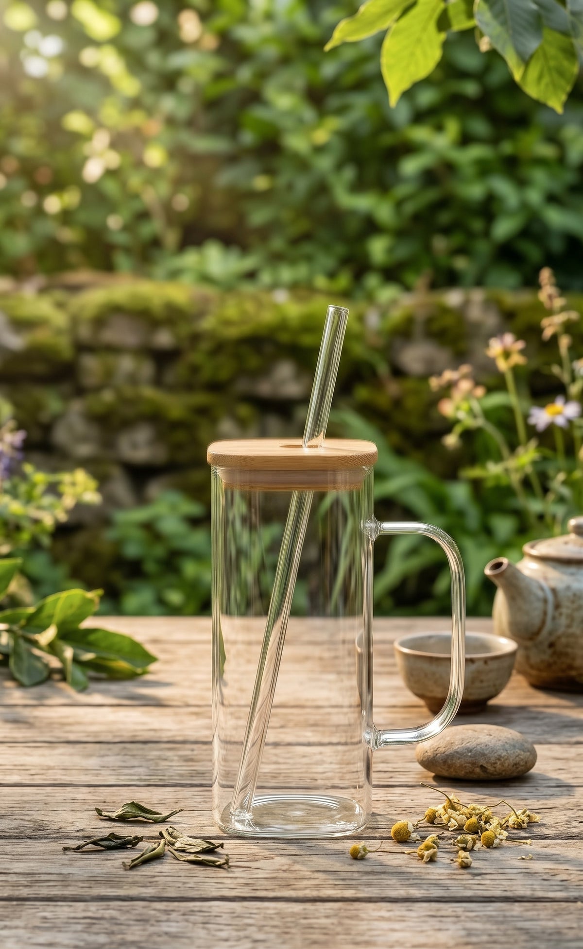 Mug en Verre Double Paroi avec Couvercle Bambou & Paille en Verre